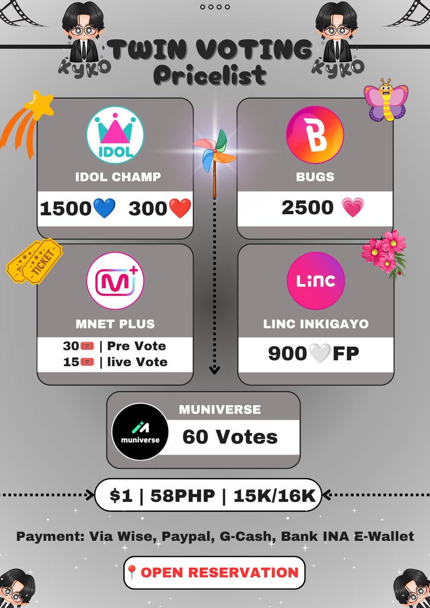 📍Want To Sell📍
— Available from:

• IDOL CHAMP
• Bugs Favorite
• Mnet Mcountdown
• LINC Inkigayo
• Muniverse 
+🎁Bonus

📩DM To Buy / or ask for stock first

‼️Open To Help Resell‼️
Open reservations for other apps✅

Wts Selling jual beli heart ticket votes and others...