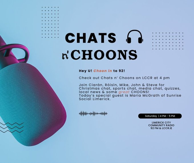 gaelforceluimni's tweet photo. *Coming your way @ 4 pm* It's the Christmas episode of Chats n' Choons LCCR - 92FM (https://t.co/RjSZXKc5cb online) #MadeInLimerick Great chats, great 'choons', great quizzes, great company on a Saturday afternoon! Today's special guest is Maria McGrath (Sunrise Social Limerick) https://t.co/4aQmovSfZj