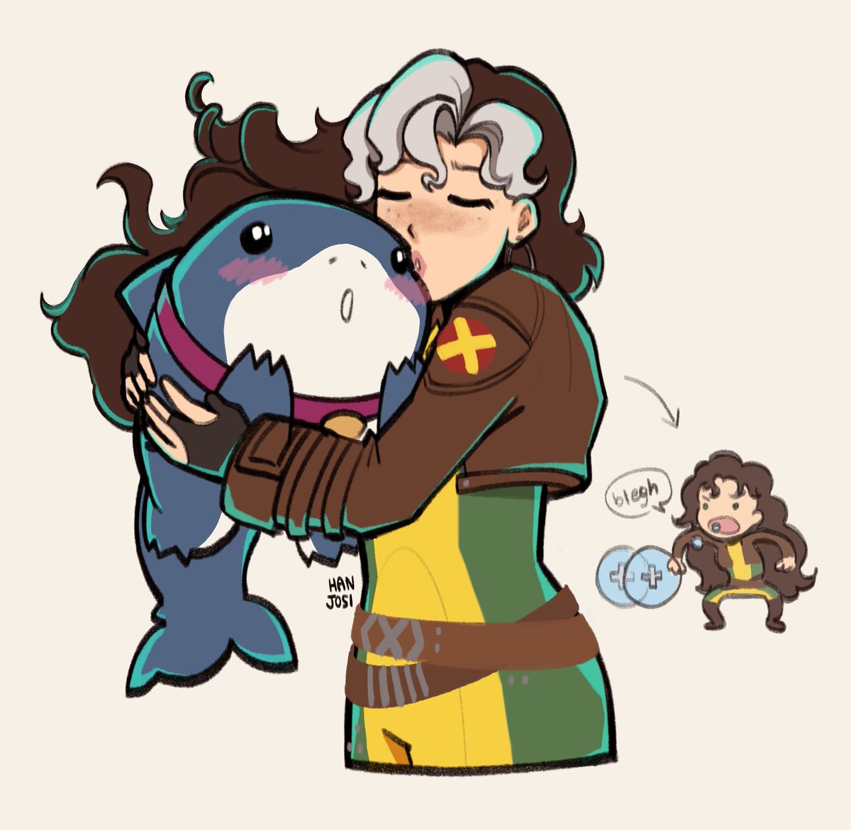 hanjosi's tweet image. Day 13 of my Draw Jeff December challenge 🦈 

Rogue giving Jeff a lil smooch &amp;lt;3 #MarvelRivals