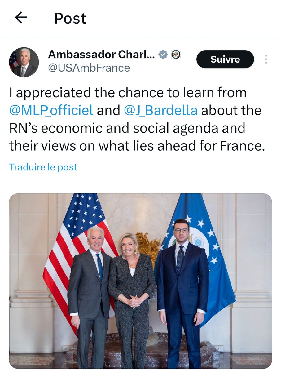 Le RN FN, "patriote", larbin des États-Unis. La Le Pen et Bardella, tout sourire aux côtés de l'ambassadeur trumpiste.