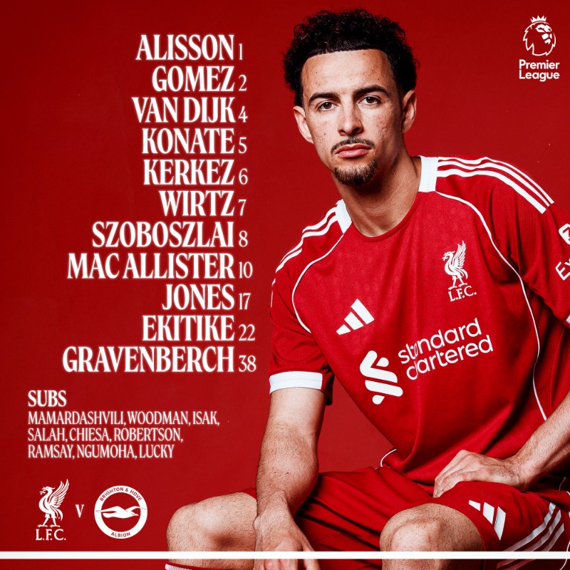 LFC's tweet photo. The Reds to take on Brighton this afternoon 👊🔴 #LIVBHA