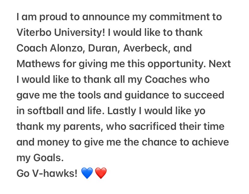 Arowicki99's tweet photo. I am proud to announce my commitment to Viterbo University! Can’t wait to be a V-hawk💙❤️ @SoftballViterbo @ESA_Huckstorf @SoftballHam @EthicAcademy https://t.co/Wy2k34Bn0M
