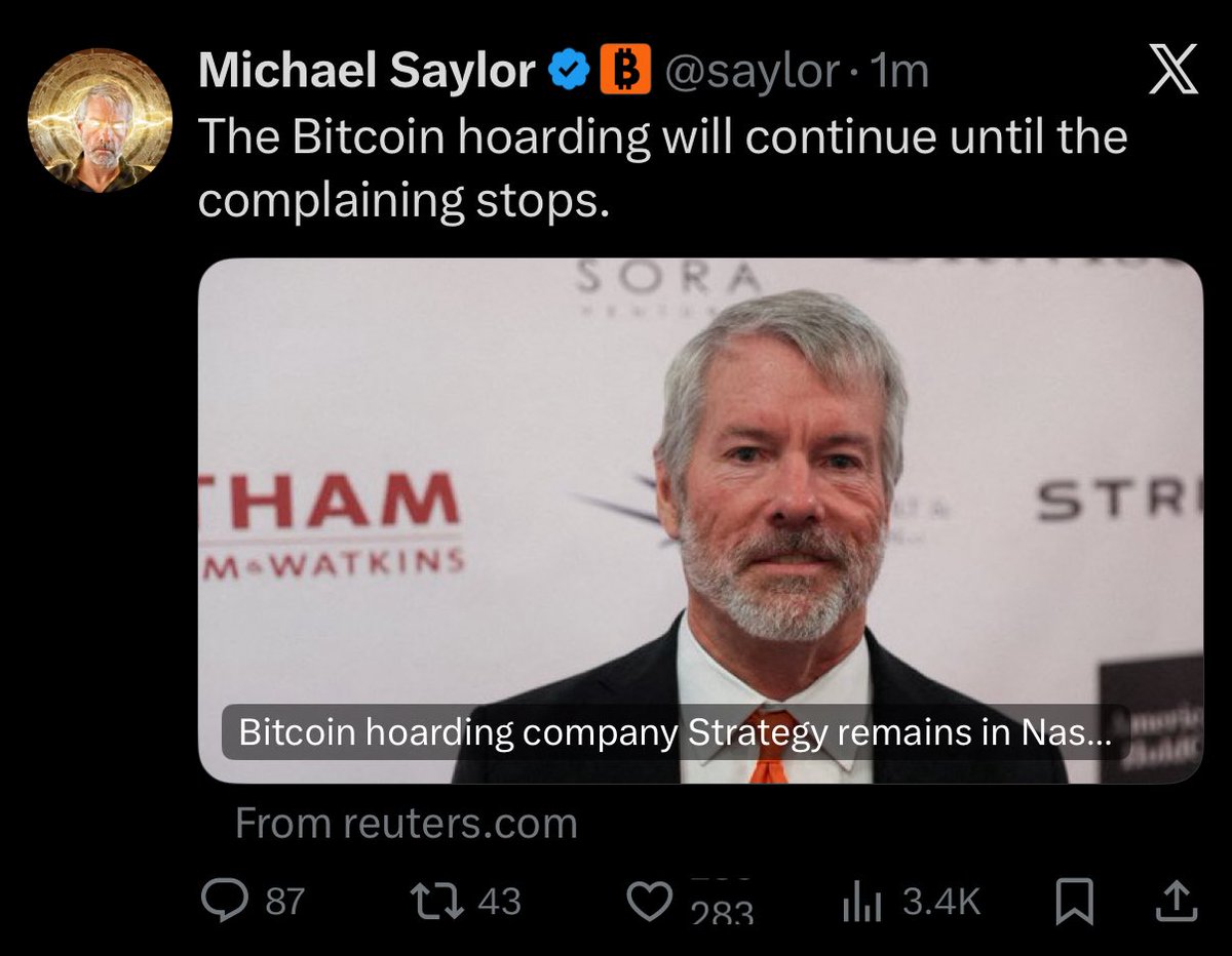 BitcoinMagazine's tweet image. JUST IN: Michael Saylor says, “The #Bitcoin hoarding will continue until the complaining stops.” 🙌