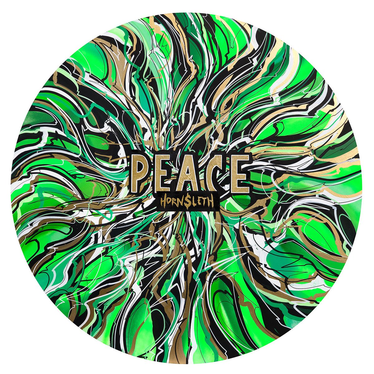 “PEACE”, 120 x 120 cm, aerosol, oil and acrylic marker on wood, 2025. 

This art work is inspired by this great jazz music: “Peace Piece” (1958) by Bill Evans. Evans was trying to do an accidental manifesto, a moment of deep introspection that ended up reshaping jazz piano.