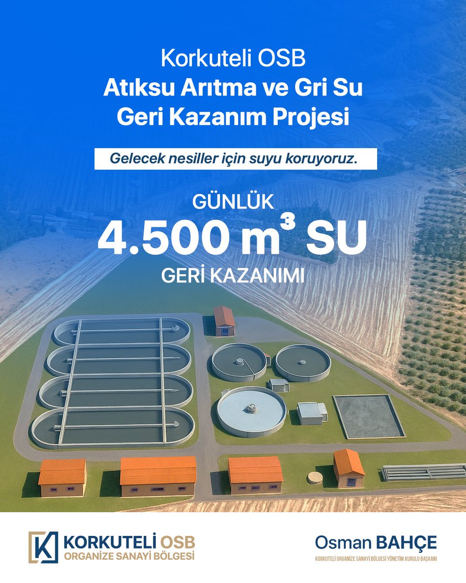 Türkiye’de atıksu arıtma ve gri su geri kazanımını bu ölçekte hayata geçiren ilk OSB olmanın sorumluluğu ve gururuyla ilerliyoruz.
Korkuteli OSB Atıksu Arıtma ve Gri Su Geri Kazanım Projesi sayesinde günlük 4.500 m³ su yeniden kazanılarak hem üretimde verimlilik sağlanıyor hem de