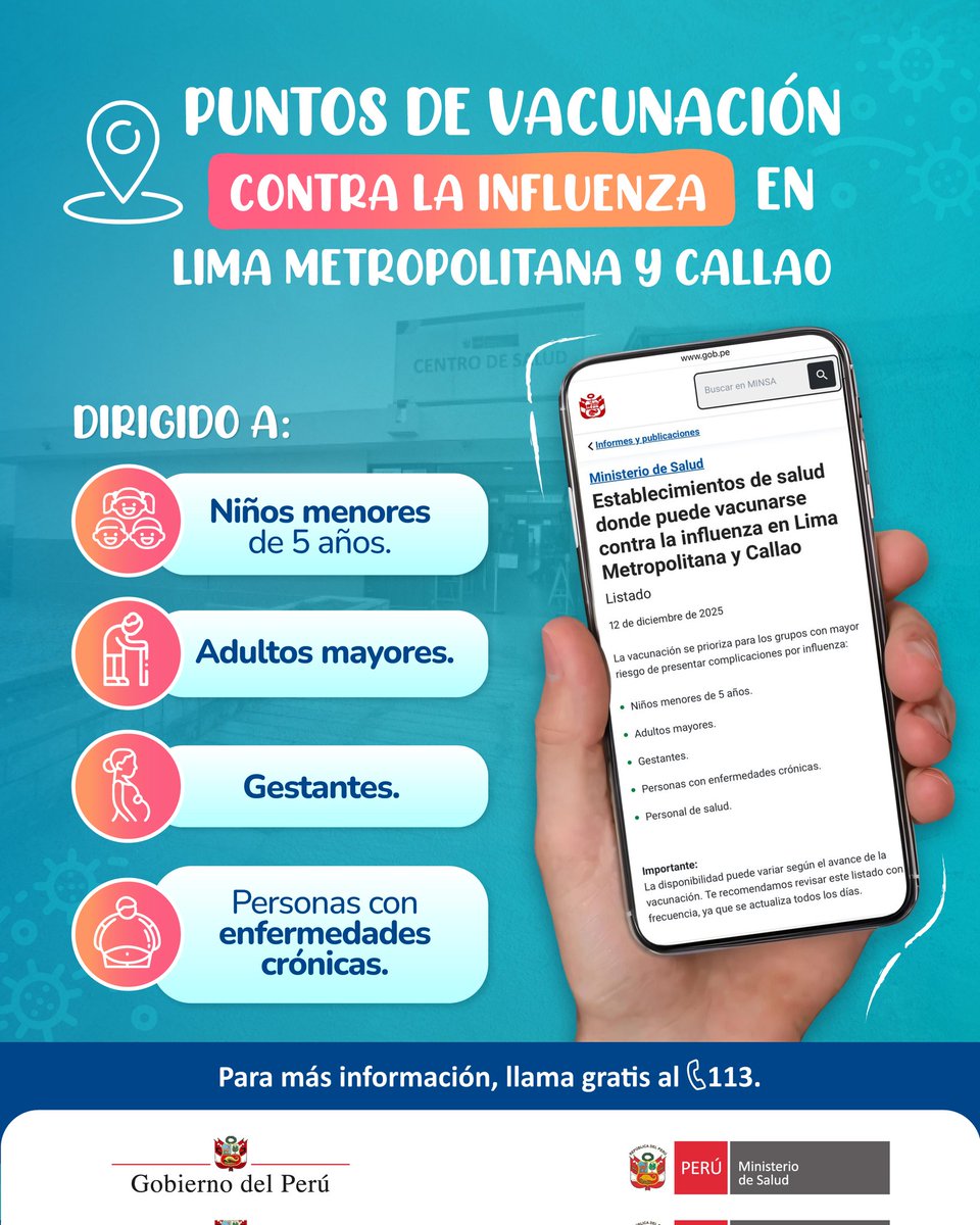 Minsa_Peru's tweet photo. 📌 Si vives en Lima Metropolitana o el Callao, ya puedes revisar la lista oficial de los establecimientos de salud donde están aplicando la vacuna contra la influenza.

📲 Encuentra el punto más cercano:
https://t.co/8s9dWL7WRH https://t.co/Si4vScZECe