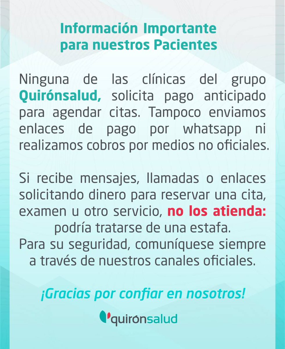 CediMed's tweet photo. 🚨‼️En las clínicas del Grupo Quirónsalud no solicitamos pagos anticipados para agendar tus citas, ni enviamos links de pago por WhatsApp u otros medios no oficiales.
Si recibes mensajes, llamadas o enlaces pidiendo dinero para una cita, podría ser estafa. https://t.co/e7zP0P7oQN