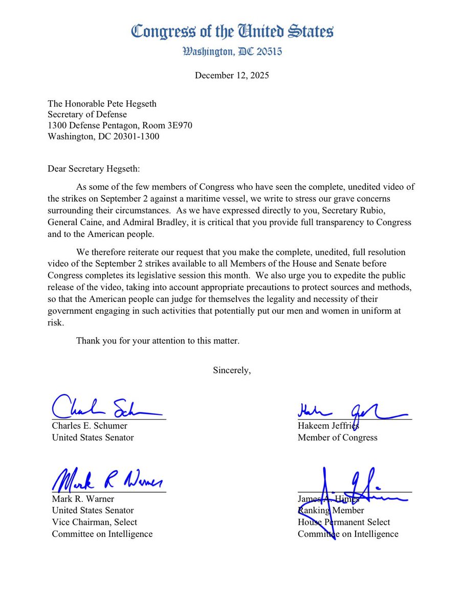MarkWarner's tweet photo. All the Democratic members of the Gang of Eight are resolutely pushing – Hegseth MUST release the full, unedited video of the strikes. Americans have a right to know and decide for themselves. https://t.co/WEhFPI2OTU