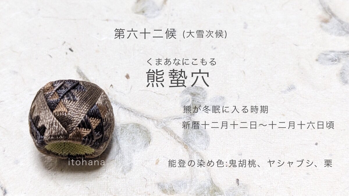 加賀ゆびぬきで作る染め色七十二候🪡昨日から第六十二候「熊蟄穴(く