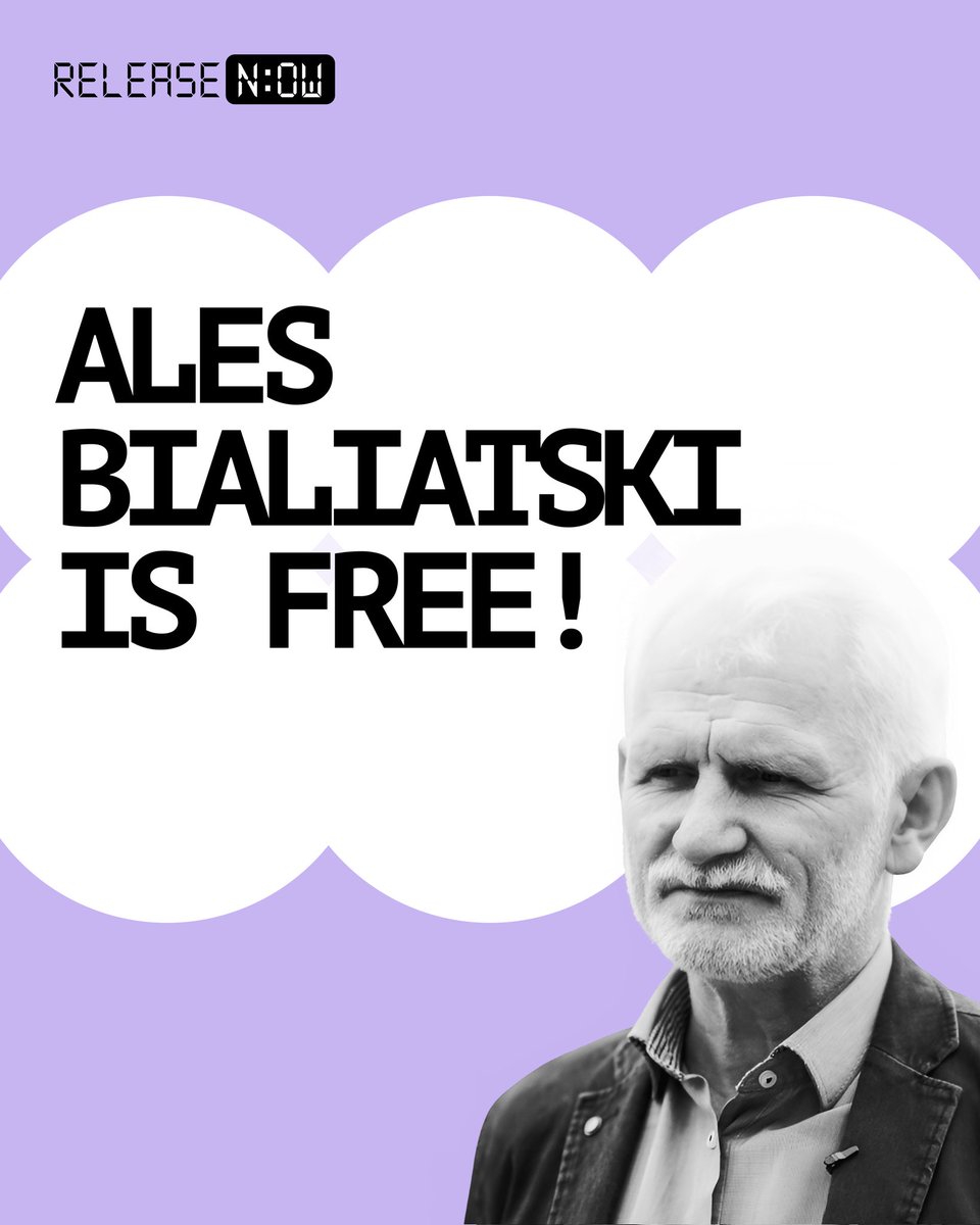 releasenow_by's tweet photo. ❗❗❗Nobel Peace Prize laureate Ales Bialiatski is free.
The head of the Viasna Human Rights Centre was imprisoned on July 14, 2021, and sentenced to 10 years in prison for defending human rights.
#ReleaseNow https://t.co/vtvo3A3pia