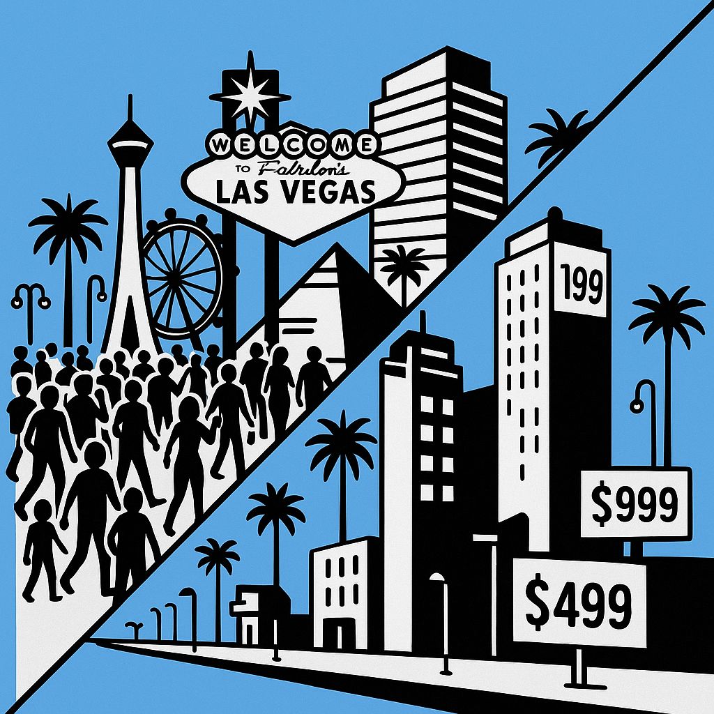 DavidDelairEco's tweet photo. 🎰 En 2019, Las Vegas accueille 42,5 M de visiteurs, record absolu ! Repas à 5 $, buffets XXL et ambiance unique. Cinq ans plus tard, la ville devient un cas d’école d’économie post‑Covid. Que s’est‑il passé ? #EconomieUrbaine https://t.co/QaxLnbZf9H