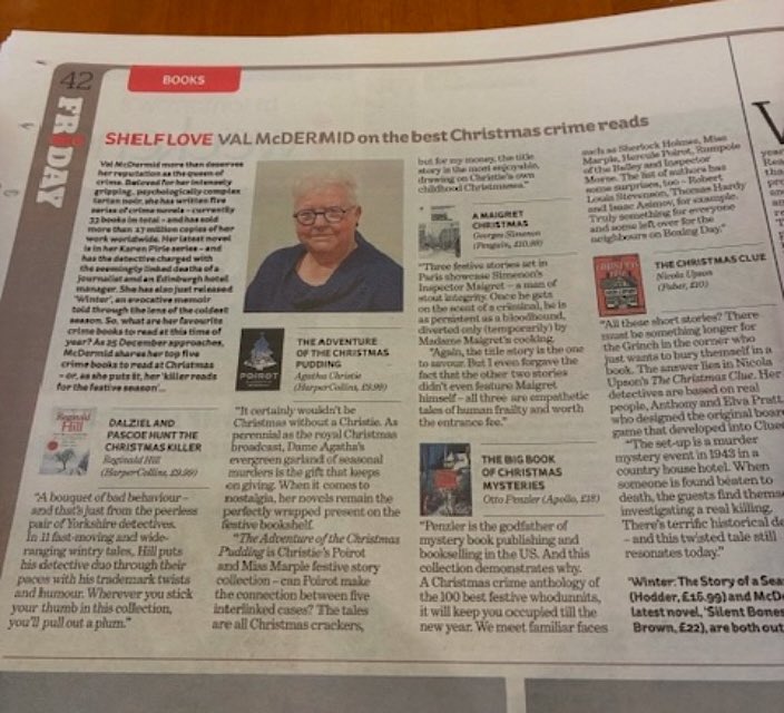 Thank you <a href="/valmcdermid/">Val McDermid</a> for including #TheChristmasClue in your 5 killer reads for the festive season - and in such great company. Merry Christmas, and long live the Grinch in the corner!