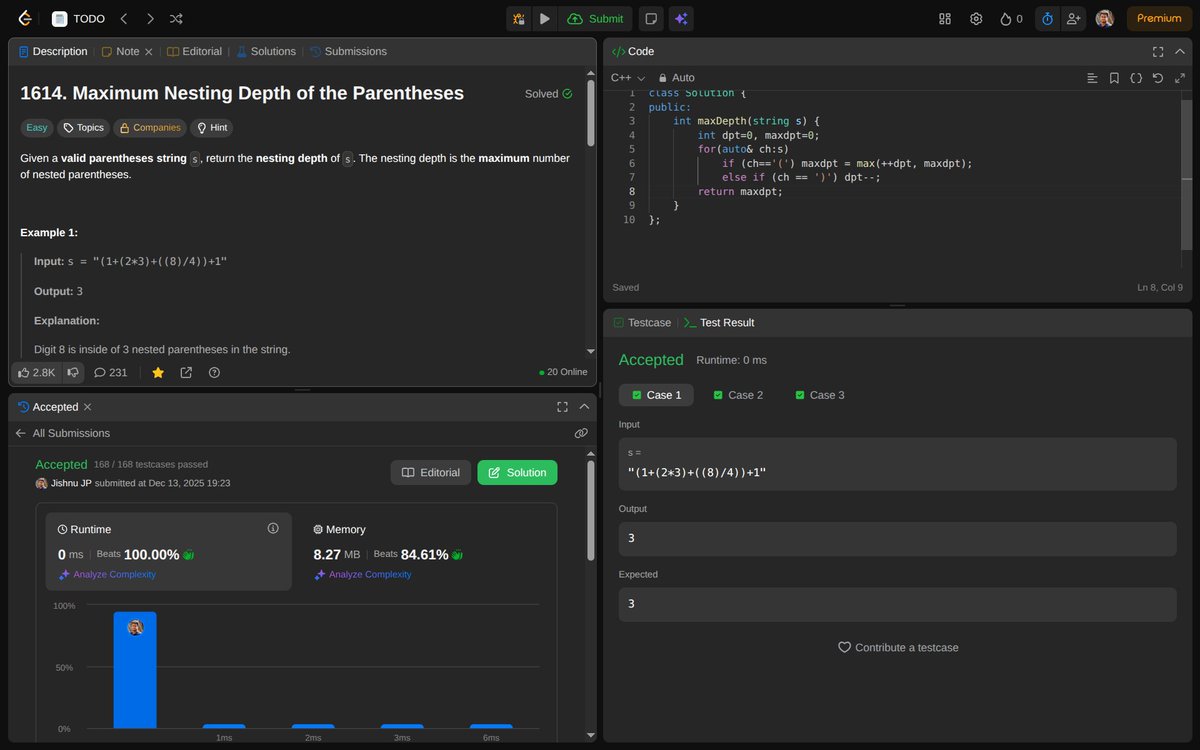 Jishnu_J_P's tweet photo. 🚀 Day 61 of #100DaysOfCode
🎯 Solved: aximum Nesting Depth of the Parentheses
💡 Topics: string, stack
Just getting back with an easy question https://t.co/GsYagWAh87