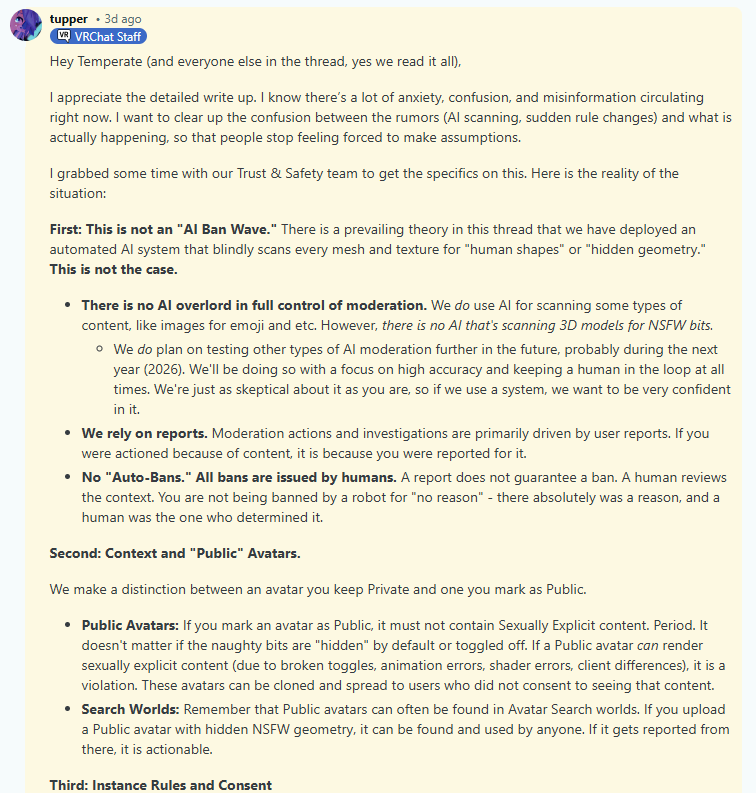 NoosphereVR's tweet image. You don't want me to speculate what got me banned, but you also don't tell me what exactly (avi/item) got me banned. We need improved moderation, but without warnings and a serious lack in transparency, this is plainly bad. #VRChat @VRChat 

🔗reddit.com/r/VRchat/comme… (Reddit 18+)