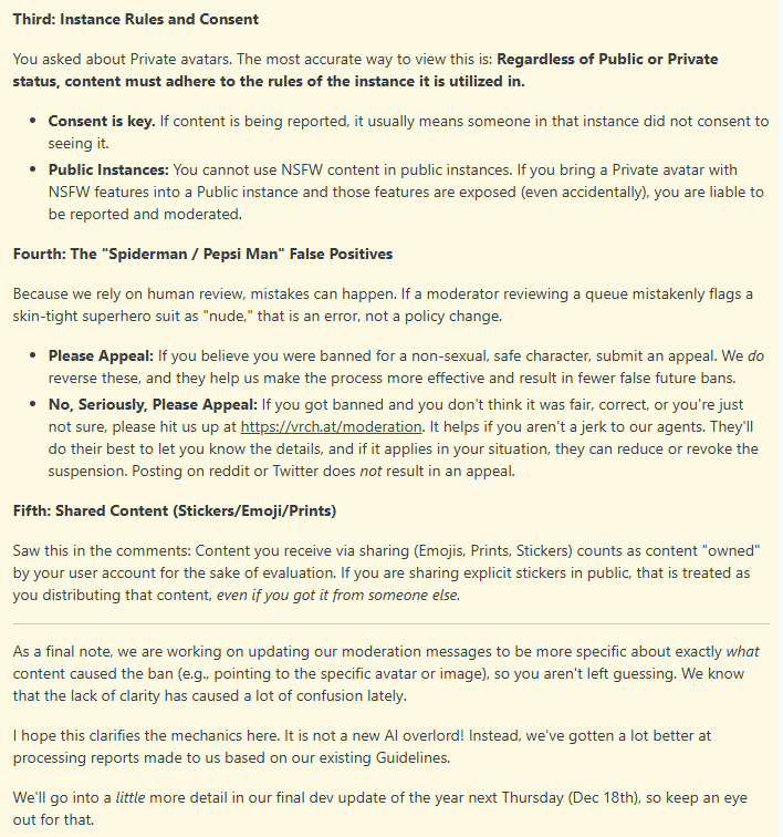 NoosphereVR's tweet image. You don't want me to speculate what got me banned, but you also don't tell me what exactly (avi/item) got me banned. We need improved moderation, but without warnings and a serious lack in transparency, this is plainly bad. #VRChat @VRChat 

🔗reddit.com/r/VRchat/comme… (Reddit 18+)