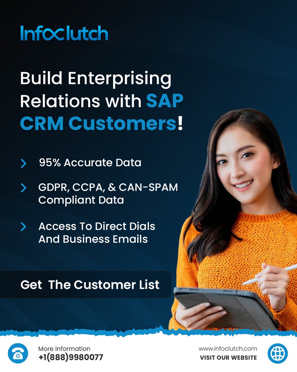 Get accurate contacts of SAP CRM customers, and pave the way to enterprising relationships today! 

Check out: SAP CRM Customers List | Purchase Customer Data Now!

#SAP #InfoClutch #Marketing #B2Bdata #CRM #Accuratedata
