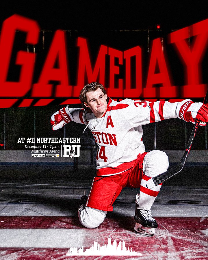 Game day graphic featuring photo of Cole Eiserman celebrating on ice. BU at #11 Northeastern, December 13, 7 PM, at Matthews Arena on NESN and ESPN+