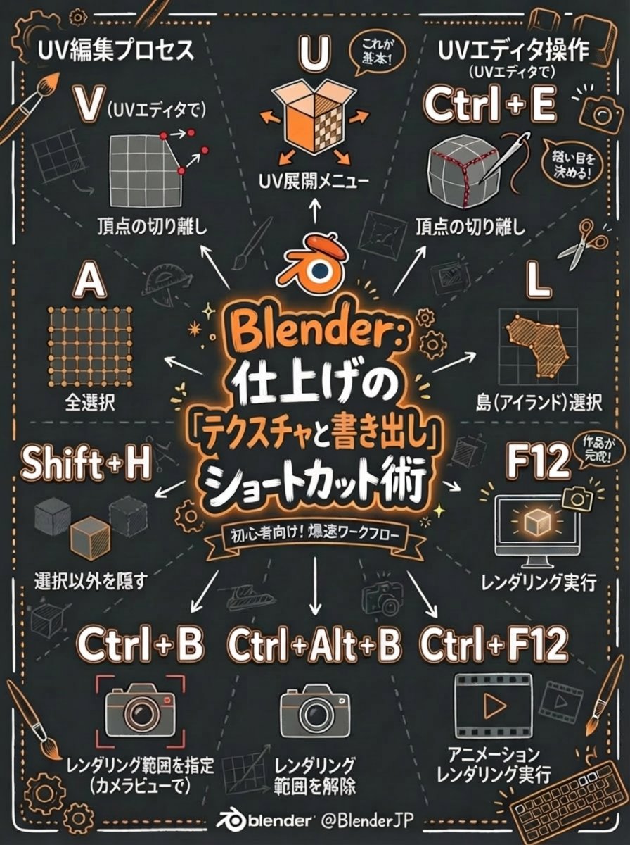 Blenderショートカット100本ノック 
DAY 9 / 10 🖼️

仕上げの「展開と書き出し」！

✅ U：UV展開メニュー
✅ L：アイランド選択（UV画面で）
✅ Ctrl + B：レンダリング範囲指定

重いシーンでも「Ctrl+B」で一部分だけレンダリングすれば、サクサク確認できます。解除は「Ctrl+Alt+B」！👍

#b3d