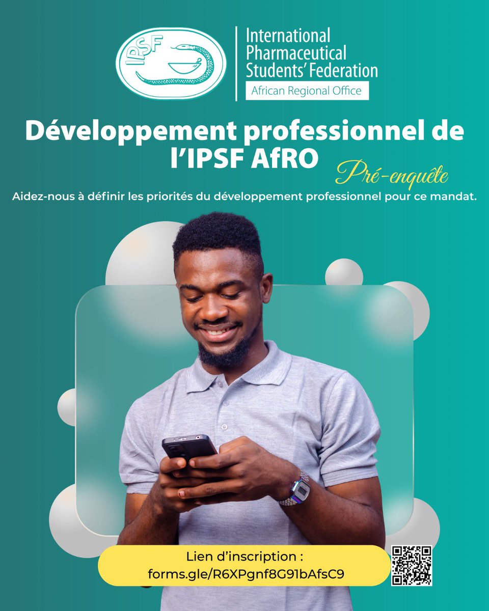 IPSFAfRO's tweet photo. ๐๐จ๐ญ๐ซ๐ ๐ฏ๐จ๐ข๐ฑ ๐๐จ๐ฆ๐ฉ๐ญ๐ ๐๐ก
Nous lanรงons la prรฉ-enquรชte de Dรฉveloppement Professionnel de lโIPSF AfRO afin de mieux comprendre vos besoins pour grandir en tant que futur(e) pharmacien(ne).
๐ Participez ici : https://t.co/J3myDyPwi3
#IPSF #IPSFAfRO https://t.co/erpkZw10Qo