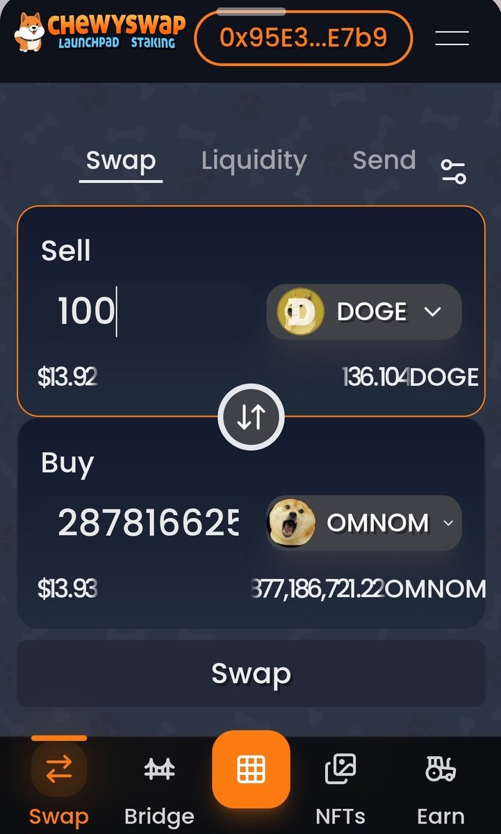 I know there are many  options to buy $Omnom 
like centralized exchanges for example 📊

But why not support on chain and keep it decentralized, self custody in your own wallet 😮

FOR SERIOUS HODLERS 💪

Chewyswap is my go to DEX for my doggy memecoins 🐶