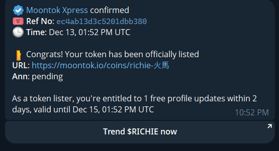 我们已在MOONTOK上市，正在等待公告。

moontok.io/coins/richie-%…

<a href="/MoontokOfficial/">Moontok 月兔 🐇</a>  <a href="/MoontokListing/">Moontok Listing Alert</a>