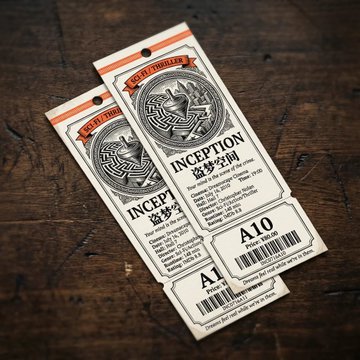 生成电影票。

 Nano Banana Pro  prompt ：

电影名称：[盗梦空间]

请生成一张复古风格电影票据的真实照片，要求如下：

场景
两张票据略微重叠摆放在深色木质桌面，俯视拍摄