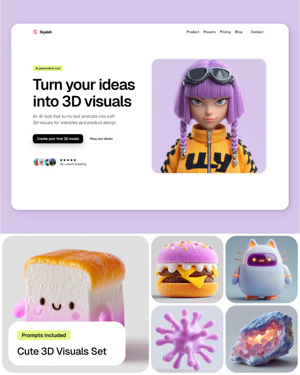Squish giveaway 🎉

To celebrate the launch, I’m giving away:
- 10 copies of my new <a href="/framer/">Framer</a> template Squish
- A pack of 10 cute high-quality 3D visuals + the Midjourney prompts to recreate them

To enter:
❤️ Like and Comment “Squish”
⭐ Make sure you follow me so I can DM you the
