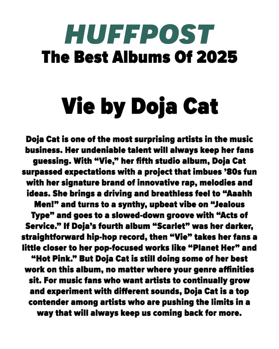 DojaHQs's tweet photo. .@HuffPost includes “Vie” by @DojaCat on their Best Albums of 2025. 

(https://t.co/WT5mbzeGFh) https://t.co/9K6ofhdlGW