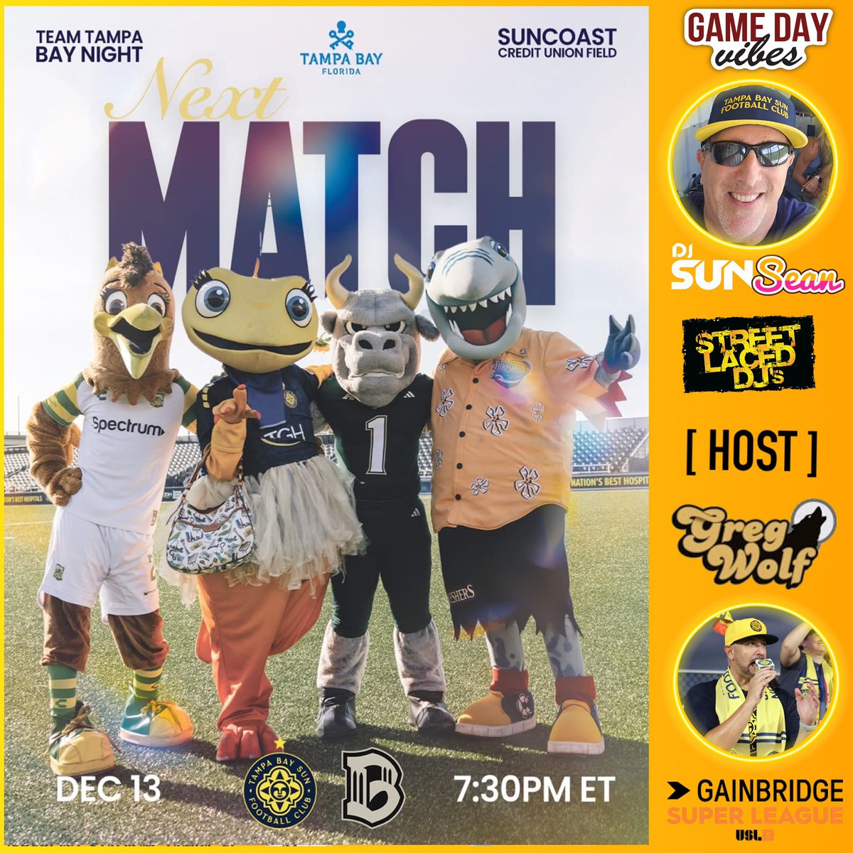 GregWolfTBL's tweet photo. Rise & Shine,🌞#Sunchasers!
It’s #MatchDay⚽️
Your @TampaBaySunFC continue their journey in Professional Women’s Soccer as they battle @BROOKLYNFC at 7:30pm tonight at @SuncoastCU field for #TeamTampaBay Night, streaming exclusively on @peacock!
Our city. Our team. Our night. 🌴☀️
Team Tampa Bay Night is presented by @VisitTampaBay!
✨GIVEAWAY: The first 500 fans will receive a bucket hat!
👀 Be on the lookout for some of Tampa’s favorite mascots appearing at the match tonight alongside @soletampabay! @prosportsdjs on music vibes, yours truly on the 🎤