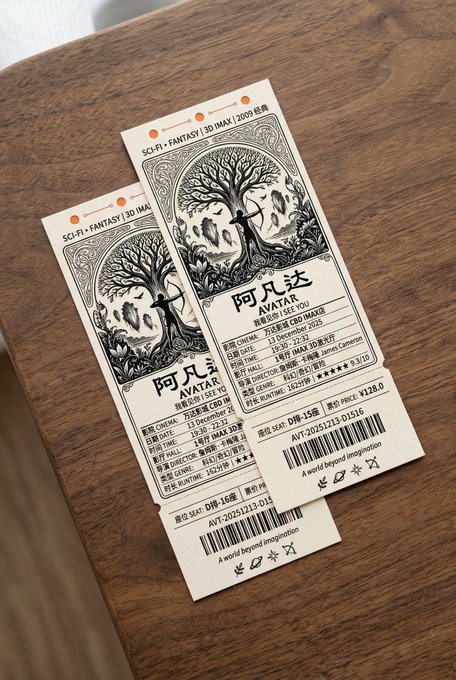 生成电影票。

 Nano Banana Pro  prompt ：

电影名称：[盗梦空间]

请生成一张复古风格电影票据的真实照片，要求如下：

场景
两张票据略微重叠摆放在深色木质桌面，俯视拍摄