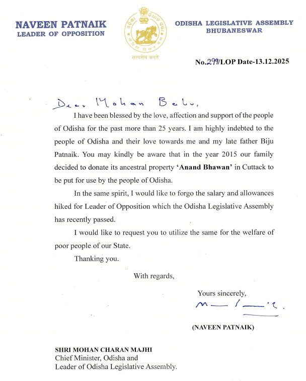 ANI's tweet image. "I would like to forgo the salary and allowances hiked for Leader of Opposition which the Odisha Legislative Assembly has recently passed. I would like to request you to utilize the same for the welfare of poor people of our State," writes Odisha LoP Naveen Patnaik to CM Mohan…