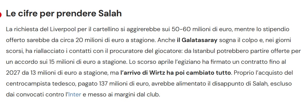 Galatasaray, Salah'a yıllık 15 milyon€ teklif etmeye hazır. (Corriere sport)