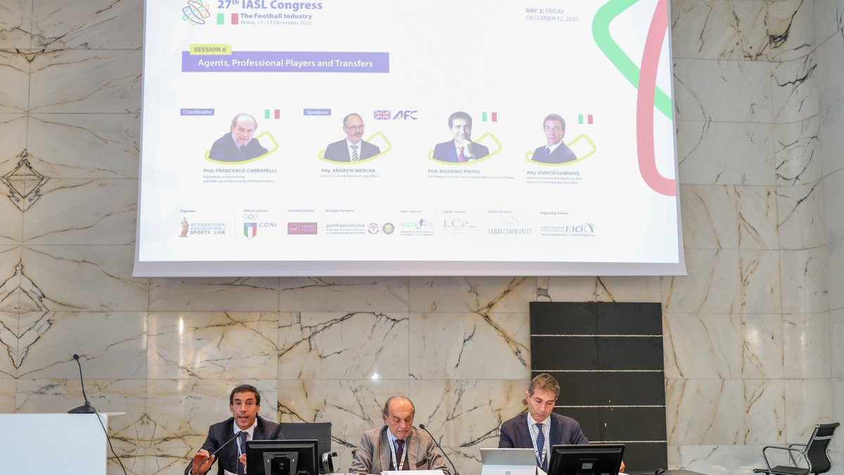 MajedGaroub's tweet photo. ⚽️The 6th session of Day2️⃣at  #FootballIndustryCongress in #Rome 🇮🇹 focused on "Agents, Professional Players, and #Transfers", addressing the regulations and the protection of stakeholders rights, 
with the participation of:
Prof. Francesco Cardarelli 🇮🇹
Prof. Massimo Proto 🇮🇹
Atty. Enrico Lubrano 🇮🇹
@cpauniroma4 
#27thIASLCongress #sports