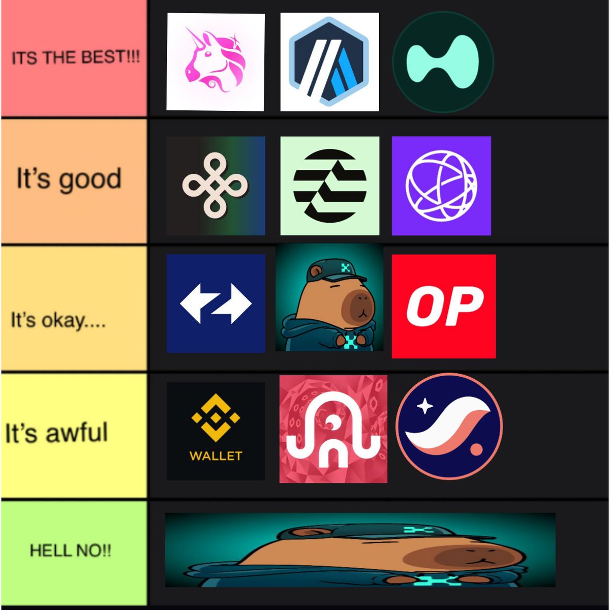 TheMaran's tweet photo. airdrops tier list

s tier: uniswap, hyperliquid, arbitrum

a tier: aptos, dymension, jupiter, celestia

b tier: zksync, starknet, optimism

c tier: kaito, ika, binance alpha

d tier: projects on kaito, 2025 projects without kaito

if you want to add any other projects, let me know