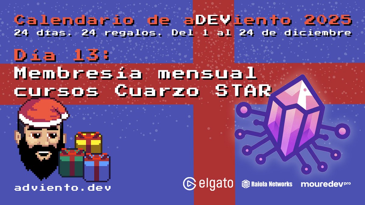 MoureDev's tweet image. 🎁 Comienza el día 13 del #aDEViento2025!
24 días. 24 regalos para aprender programación

🗓️ Día 13: Membresía mensual a los cursos de Cuarzo STAR
🔁 Sígueme y comparte esta publicación para participar
🌐 Válido para todo el mundo

Toda la info en adviento.dev