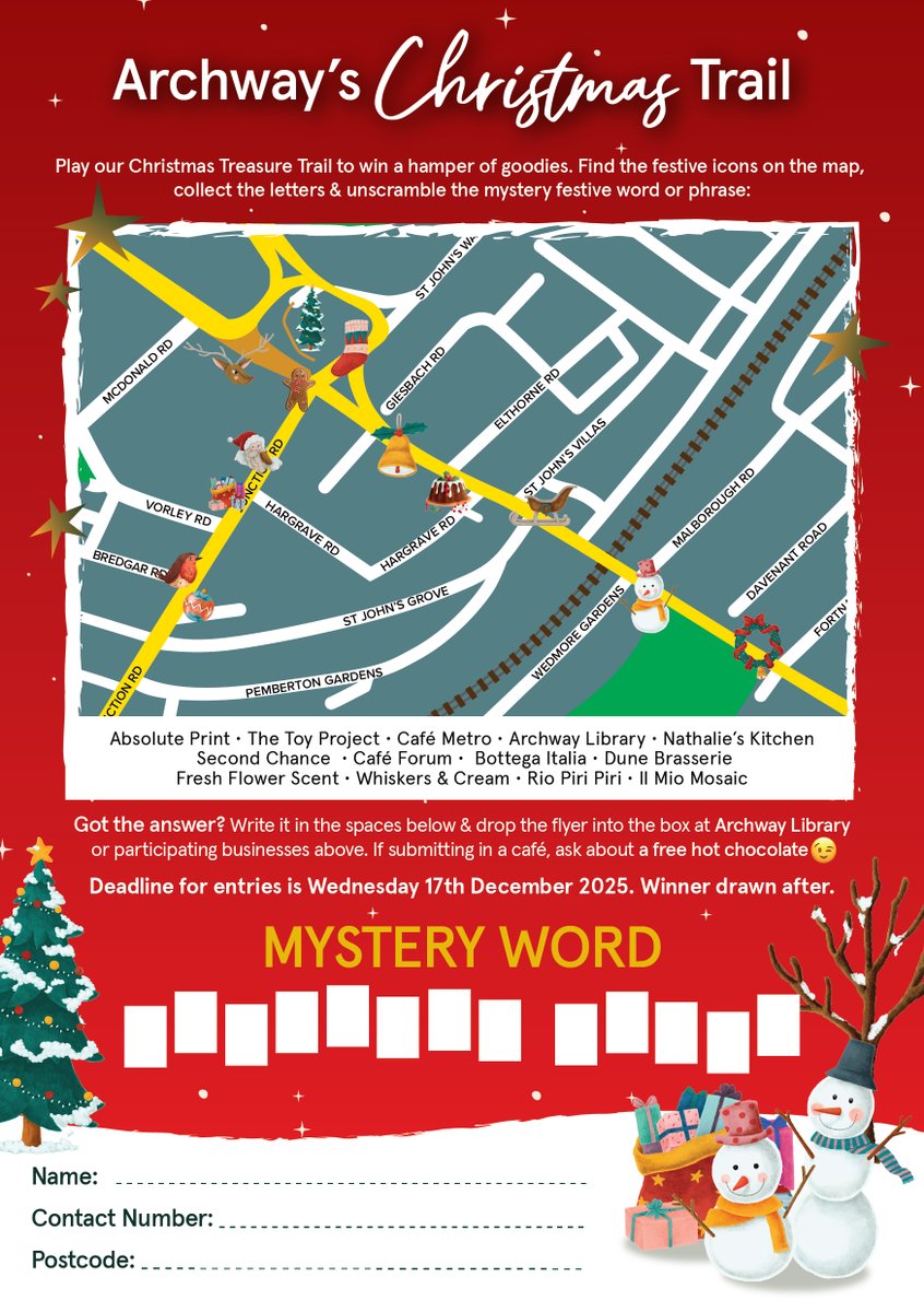 Archway’s Christmas Treasure Trail – Win a bumper hamper of goodies, including 2 tickets to any gig at the Islington Assembly Hall

Pick up a flyer from Archway Library of participating venues to play!

Deadline is end of Wednesday 17 December to submit your entry. More info 👇