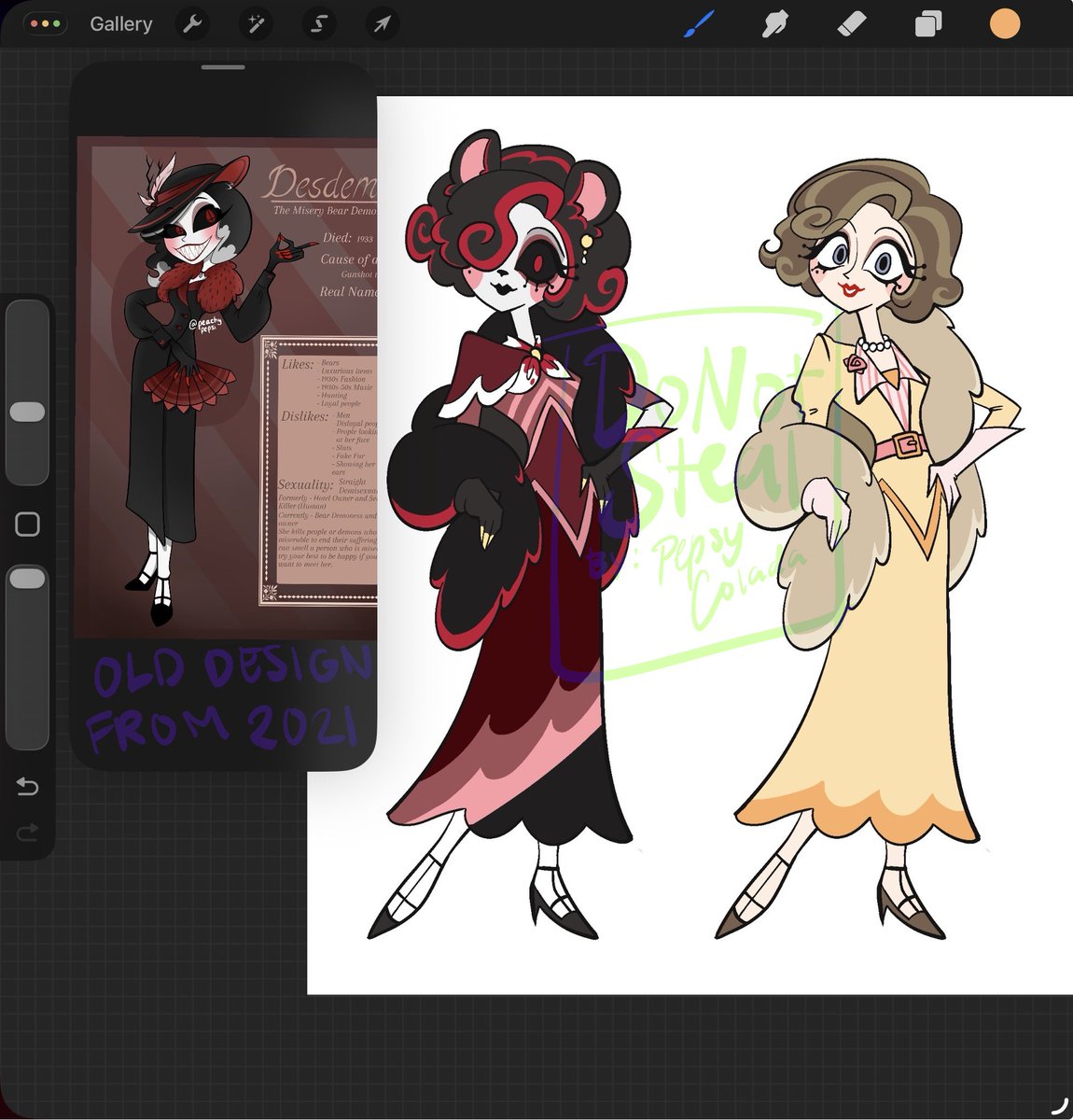 pepsy_colada's tweet photo. Redesigned and fixed my old Hazbin OC. She’s one of Rosie’s friends and suppliers and her name is Desdemona ✨

Plus: WIP of her and Rosie together
#HazbinHotel #HazbinHotelOC #HazbinHotelRosie https://t.co/PKrKKhQUrY