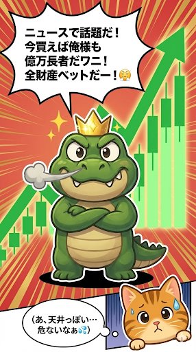 104_money's tweet photo. 🐊「ビットコイン暴落！俺様の財産が半分ワニ〜😭」
​🐱「またニュースで話題になった瞬間に全額入れた？」
​初心者が99%ハマる「失敗パターン」をガブが実演。
​実は、大損しないための「たった一つの鉄則」があるよ。
​その方法は、このツリー（リプ欄）で解説👇
​#ビットコイン #投資初心者 https://t.co/hsDw3iGEuL