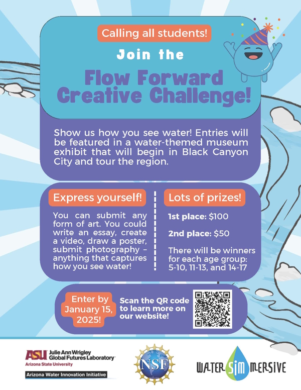 Flow Forward Creative Challenge — Now easier to enter! 
Students 5–17: submit art, writing, photos, or video showing how you see water. 🏆 Win up to $100 •
📅 Deadline Jan 15, 2026 📄 Direct application &amp; submission form (PDF):
👉 blackcanyonheritagepark.org/cms/wp-content…