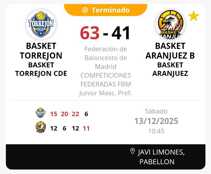 BasketAranjuez's tweet photo. Derrota del #JunMasc en cancha de @BasketTorrejon.  #Alberto: "Pese al resultado, fue un buen partido donde competimos bien contra un equipo que nos superaba en altura y físico." https://t.co/fQvkdg7BuC