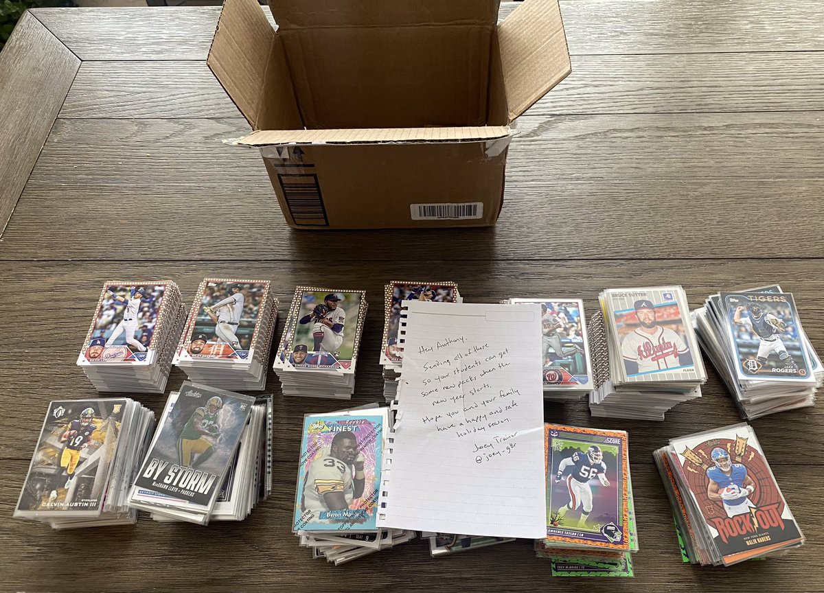 _shrek13's tweet photo. Thank you @Joey_G8R for reaching out and sending all these cards for my students! Still trying to figure out how they all fit in that box 🤣 20 degrees here so I guess I know what I’m doing today 🤷🏻‍♂️ Happy Holidays to you and your family as well, Joey 👊❤️ https://t.co/t2SM9LfSvl