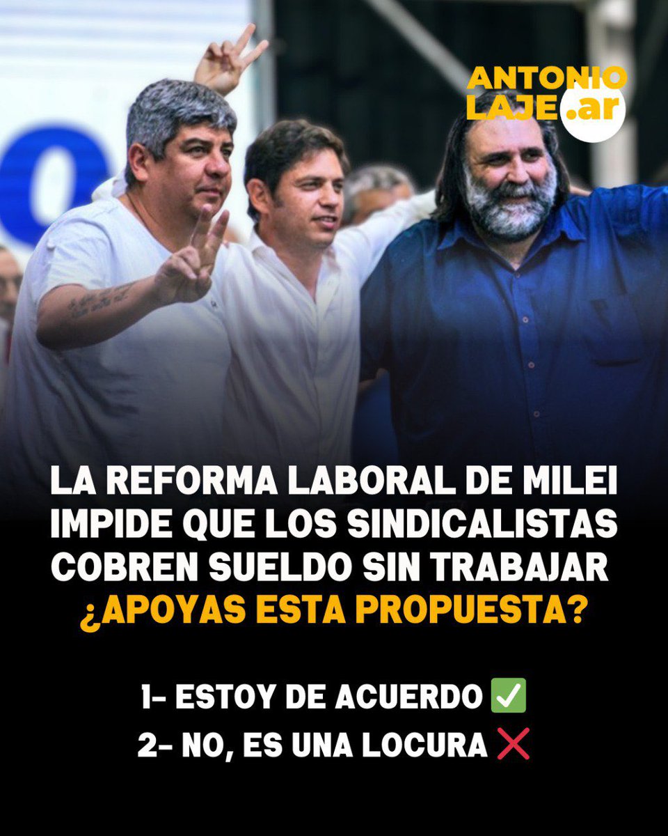💼 La REFORMA LABORAL de MILEI impide que los delegados gremiales COBREN SIN TRABAJAR

👇🏻 ¿Apoyas esta propuesta?

1- Si, estoy de acuerdo ✅
2- No, es una locura ❌