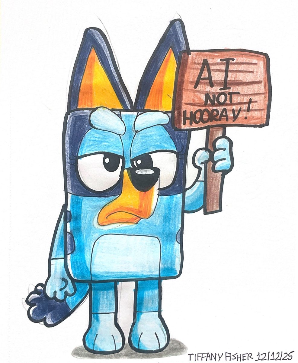 TiffanyArtist56's tweet photo. ๐จ NEW ART / EDIT ๐จ
Bluey says NO to AI
#Bluey #BlueyTheMovie #blueyfanart #disneyplus #disneyjunior #disney #BBC #ludostudio #ABCKids #fanart #traditionalart #traditional #ScrewAI #AIIsNotRealArt #NoAI https://t.co/7dwGicyK56