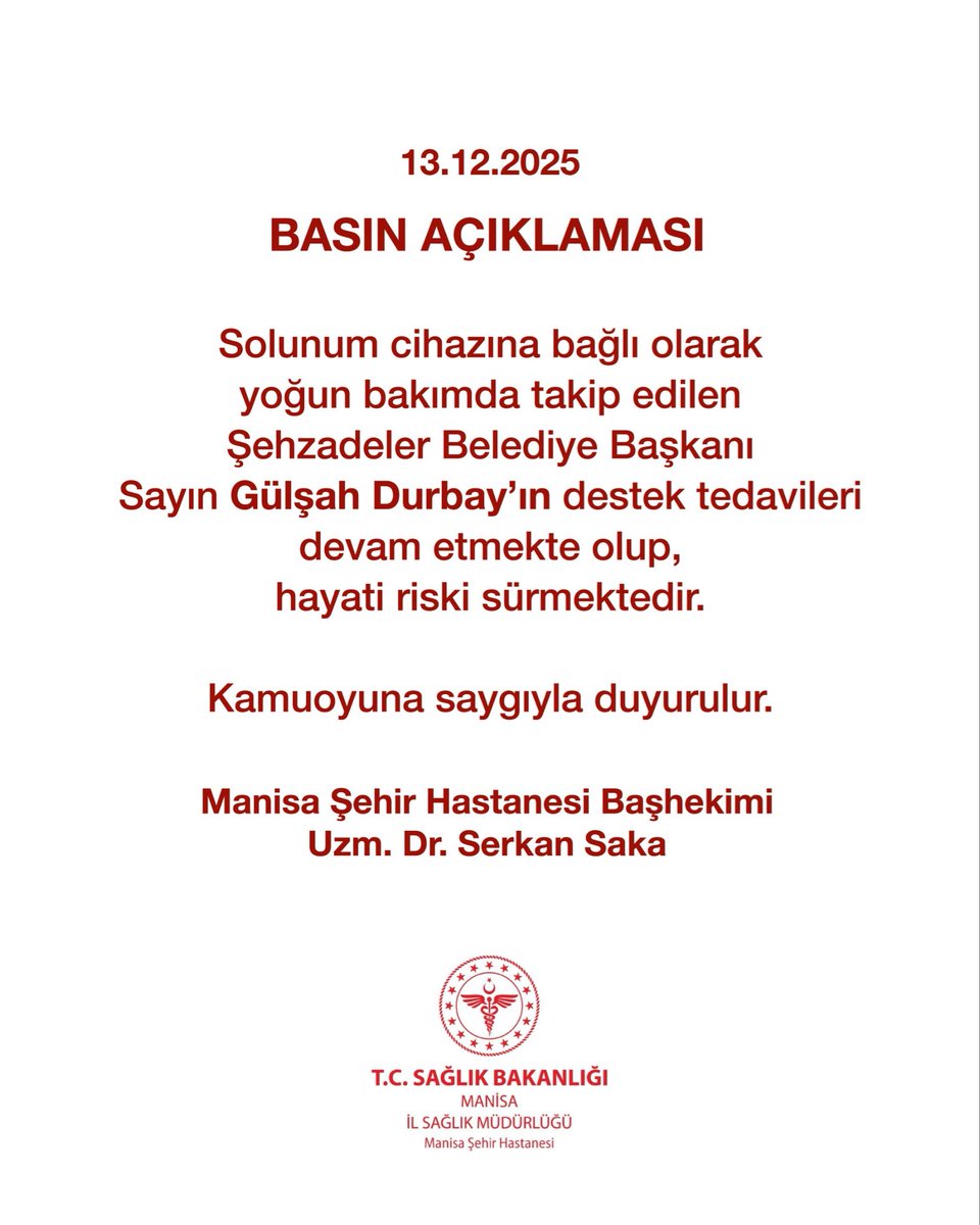 Manisa Şehir Hastanesi Başhekimliği’nden
Belediye Başkanımız Sayın Gülşah Durbay’ın Sağlık Durumuna İlişkin Açıklama