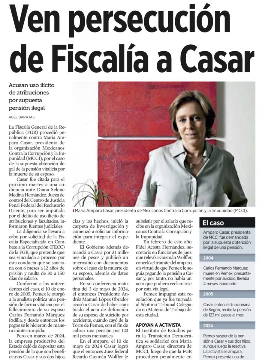Perseguir penalmente a <a href="/amparocasar/">Ma. Amparo Casar</a> por cobrar durante 19 años una pensión que el propio Estado le otorgó, pagó y ratificó, no es combate a la corrupción: es uso del derecho penal como arma política. Si hubo errores administrativos en Pemex, se corrigen en sede administrativa o