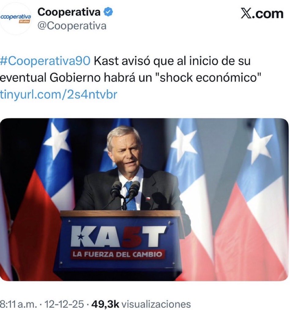 Kast todavía no gana y ya hizo que <a href="/Cooperativa/">Cooperativa</a> borrara de un telefonazo esta noticia. La prensa será la peor estafa en los próximos 4 años 👇