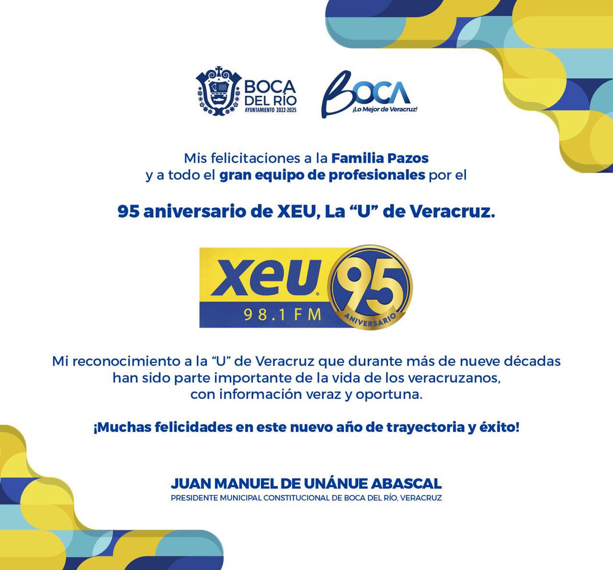 Mi reconocimiento a la Familia Pazos y a todo el gran equipo de profesionales por el 95 aniversario de <a href="/xeunoticias/">XEU Noticias</a>, La “U” de Veracruz.

¡Muchas felicidades en este nuevo año de trayectoria y éxito siempre!