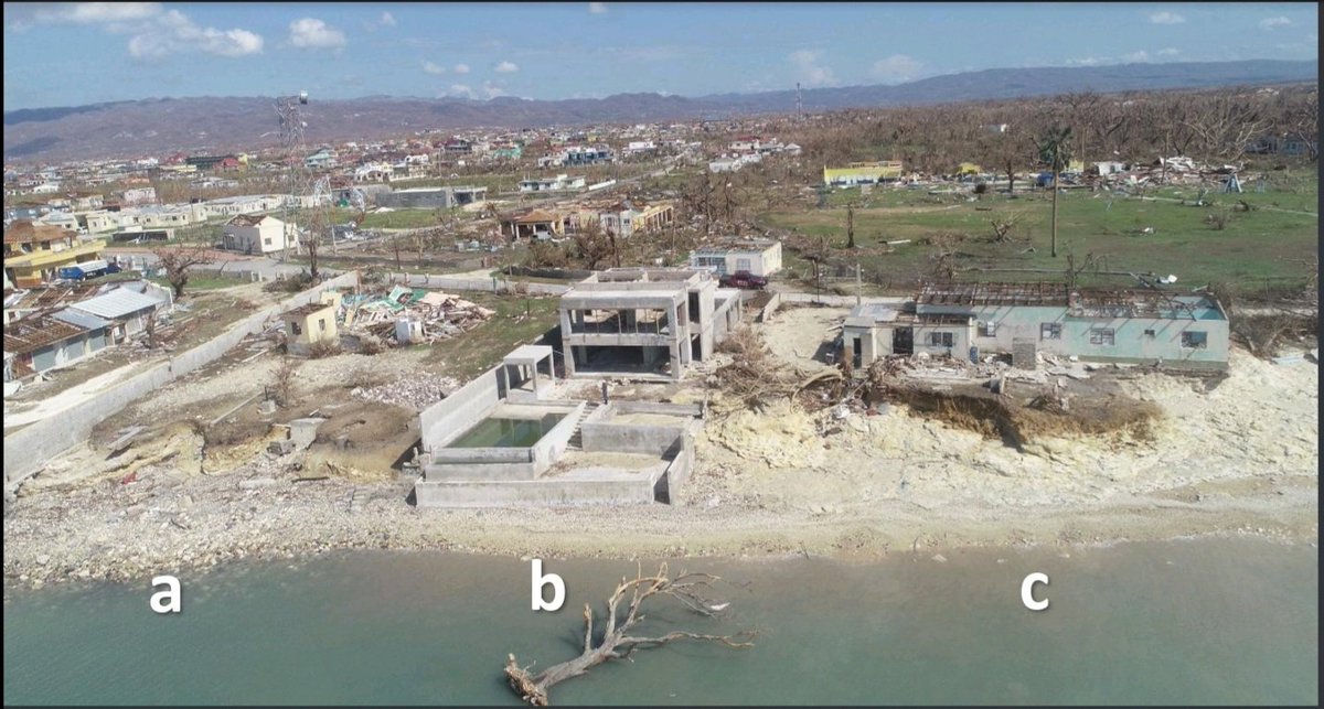 PIK876's tweet photo. Black River an example of varying coastal scenarios(a) 200 year old timber house on coast 12ft ove sea level with stone seawall not maintained (c) no seawall, and (b) Building under construction, seawall 5000psi concrete fdn, bldg poured concretr with rustproofing admixture. https://t.co/aikmNY0FL8