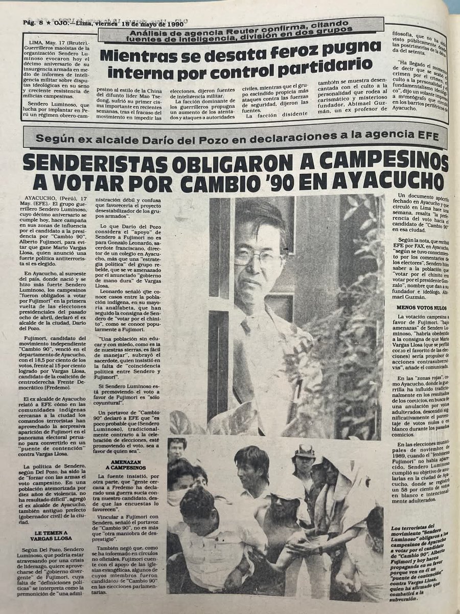 El terruqueo a López Chau es un clásico de toda campaña en el Perú, se lo hicieron a Belaunde y hasta a Fujimori también.
➡️ Aquí una muestra de una nota de diario OJO sobre el "apoyo" de Sendero Luminoso a Alberto Fujimori