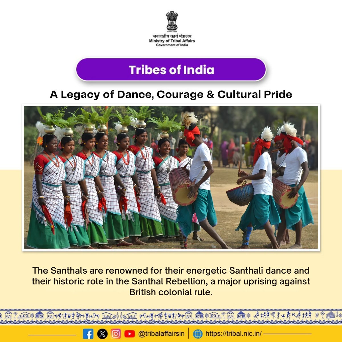 TribalAffairsIn's tweet image. The Santhal community represents a rich and vibrant cultural tradition spread across Jharkhand, Odisha, Bihar and West Bengal. The Ol Chiki script preserves Santhali language, literature and knowledge while traditional dance forms express history, courage and a deep connection…